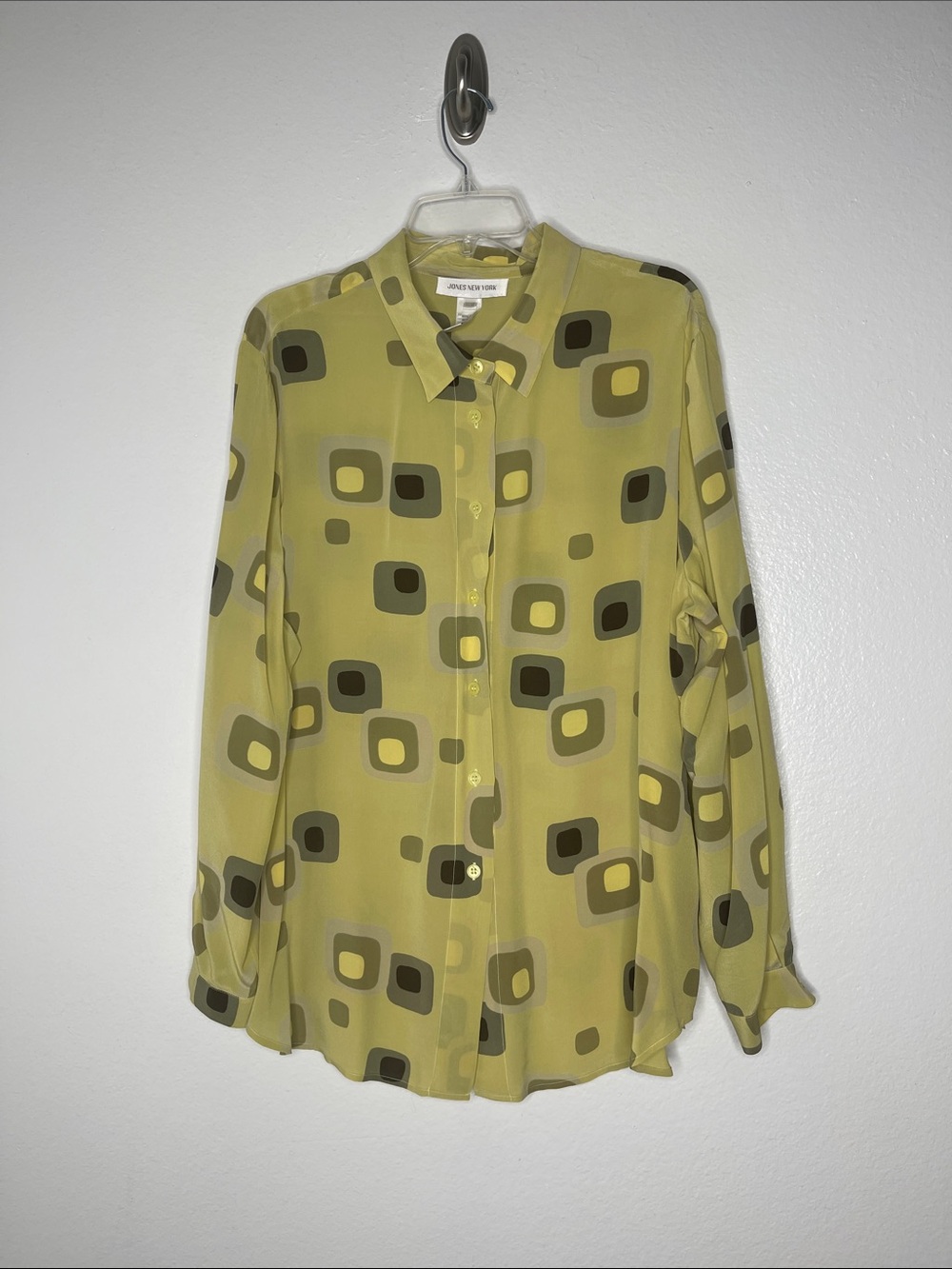 Jones New York 100% Silk Green Geometric Long Sleeve Tunic Shirt Size 18W